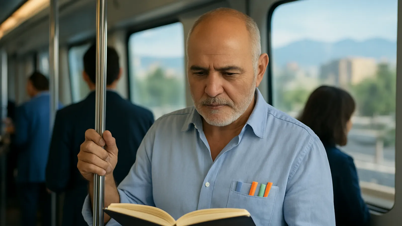 Abogado repasa apuntes con resaltadores dentro del Metro de Santiago, sobre un resumen del Código del Trabajo