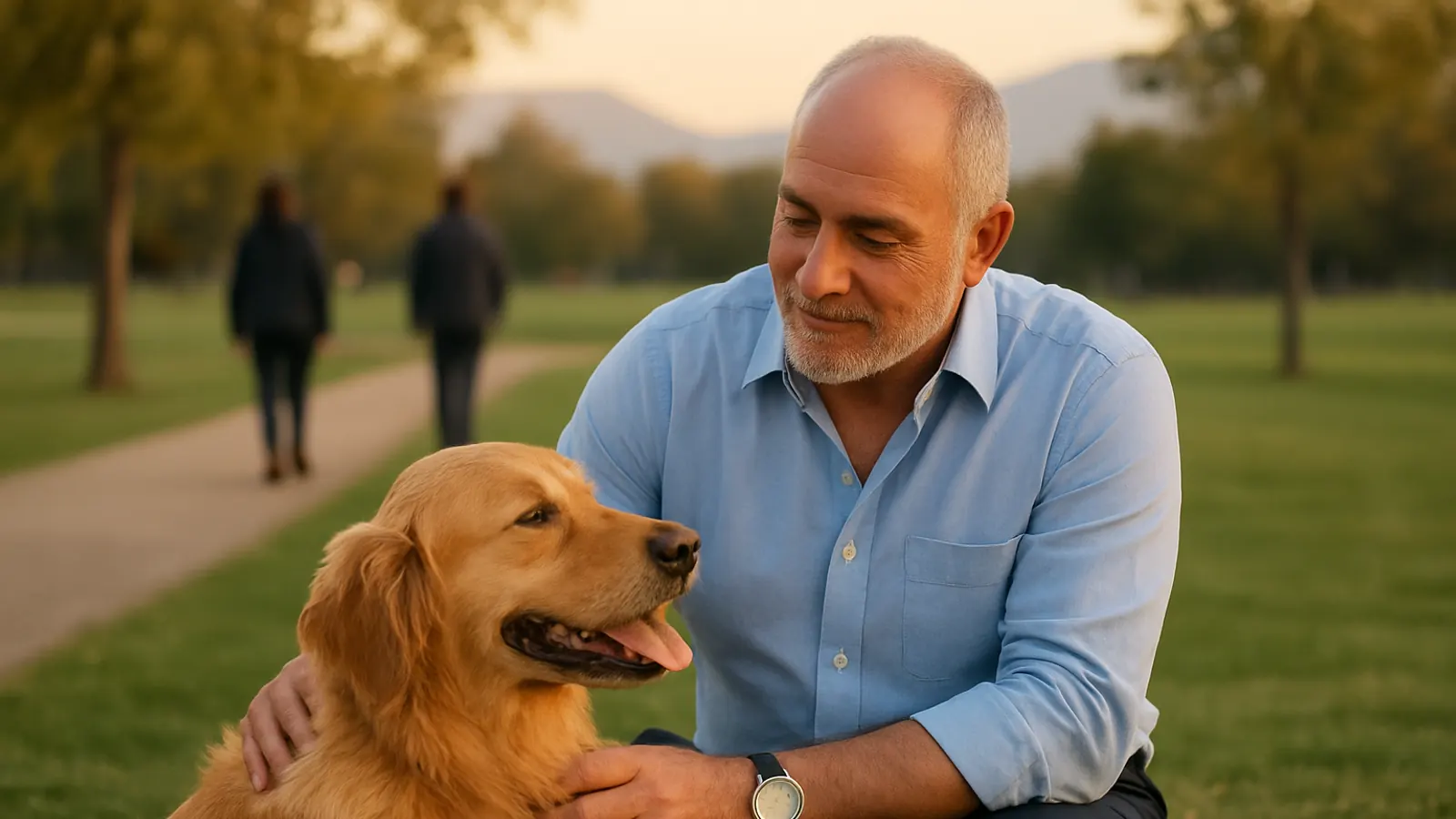 Abogado acaricia a un perro en un parque mientras dos personas, de espaldas, se alejan en direcciones opuestas