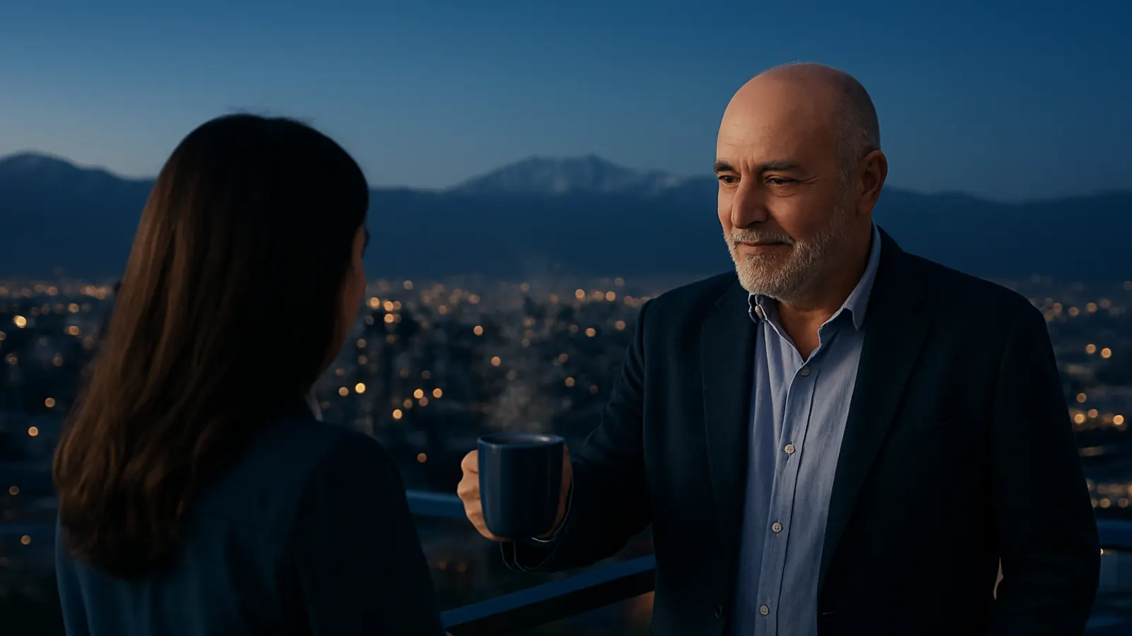 Abogado acerca una taza a una trabajadora que mira la ciudad de noche desde un balcón, sobre el daño moral laboral