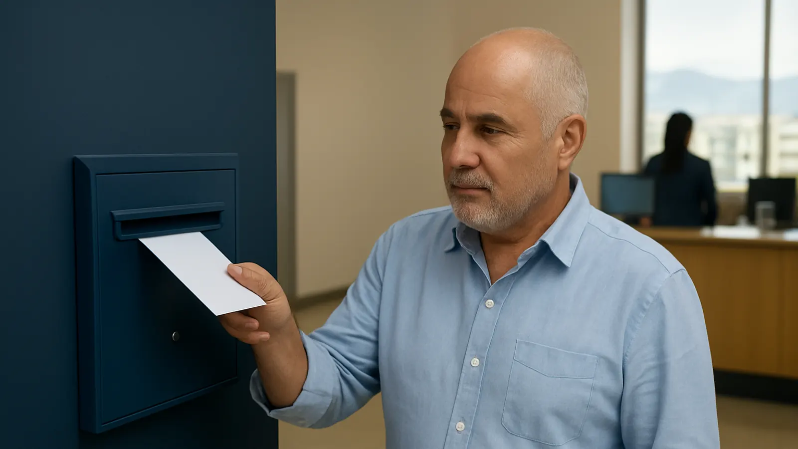 Abogado introduce un sobre sin remitente en un buzón metálico de una oficina pública, por una denuncia laboral anónima