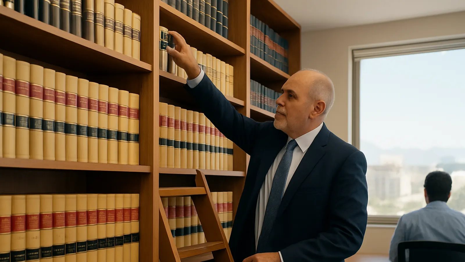 Abogado alcanza un tomo de un estante alto desde una escalera, en una biblioteca jurídica de lomos de libros