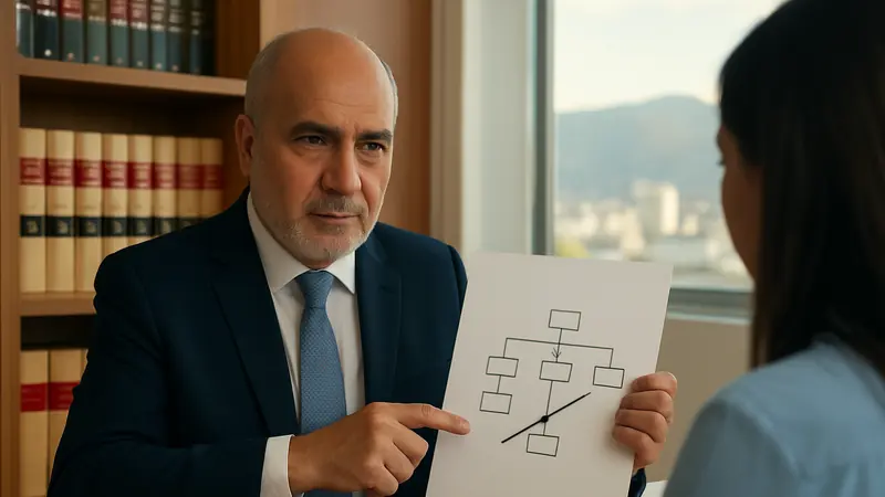 Abogado señala un árbol genealógico con una línea tachada, con un testamento y una libreta de familia