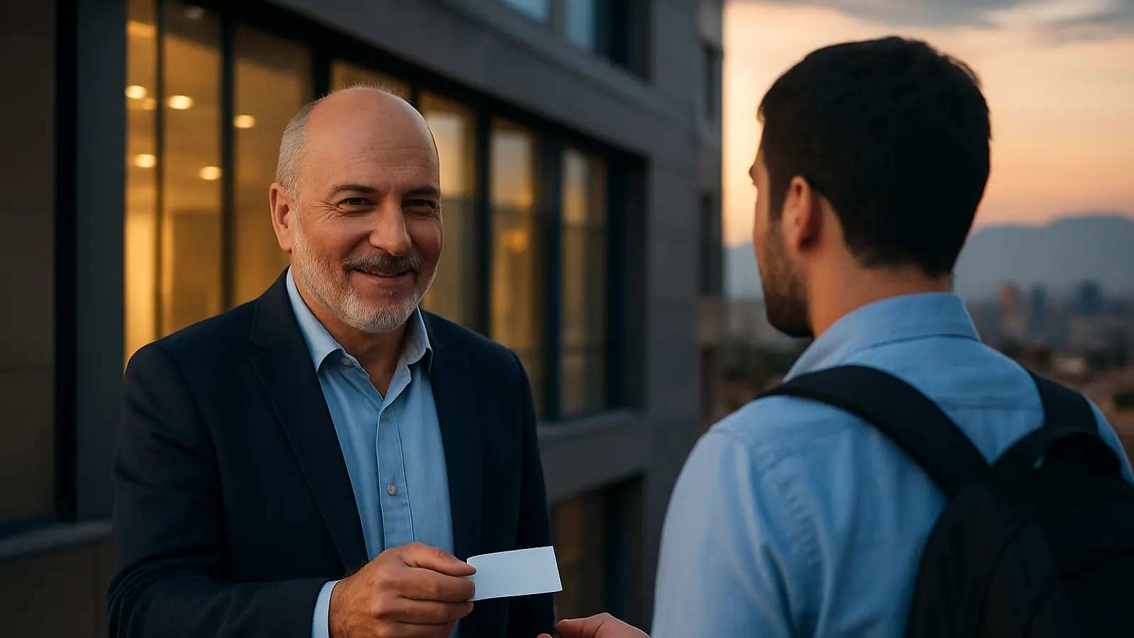 Abogado entrega su tarjeta a un trabajador de espaldas frente a un edificio de oficinas al atardecer, tras un despido