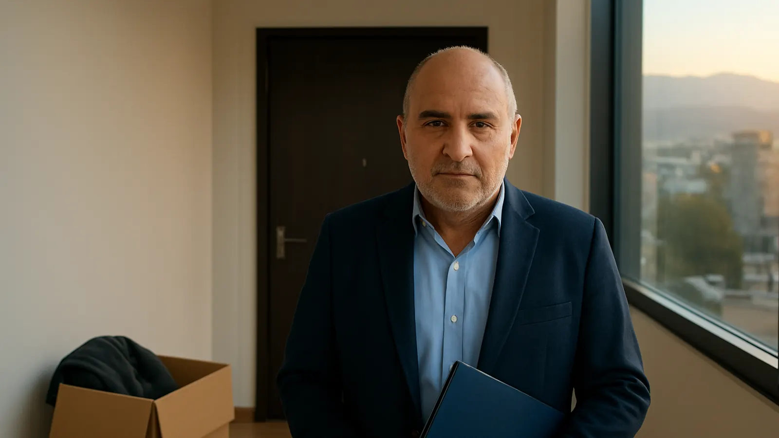 Abogado con una carpeta ante la puerta de un departamento con una caja de mudanza, por un divorcio unilateral