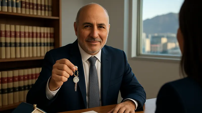 Abogado con las llaves y la escritura de una propiedad heredada, junto a un plano y una maqueta de casa