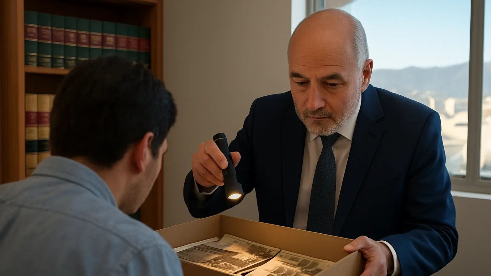 Abogado y un heredero de espaldas revisan con linterna una caja de documentos antiguos en un altillo
