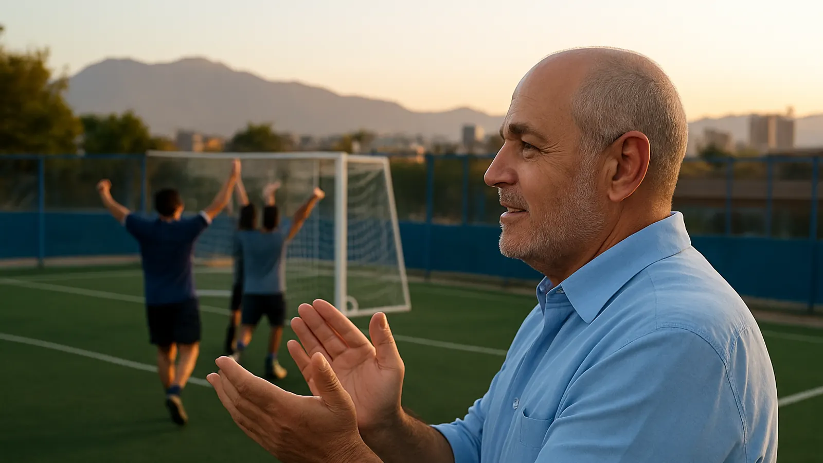 Abogado aplaude en una cancha de barrio mientras un grupo celebra un gol, sobre el honorario de éxito
