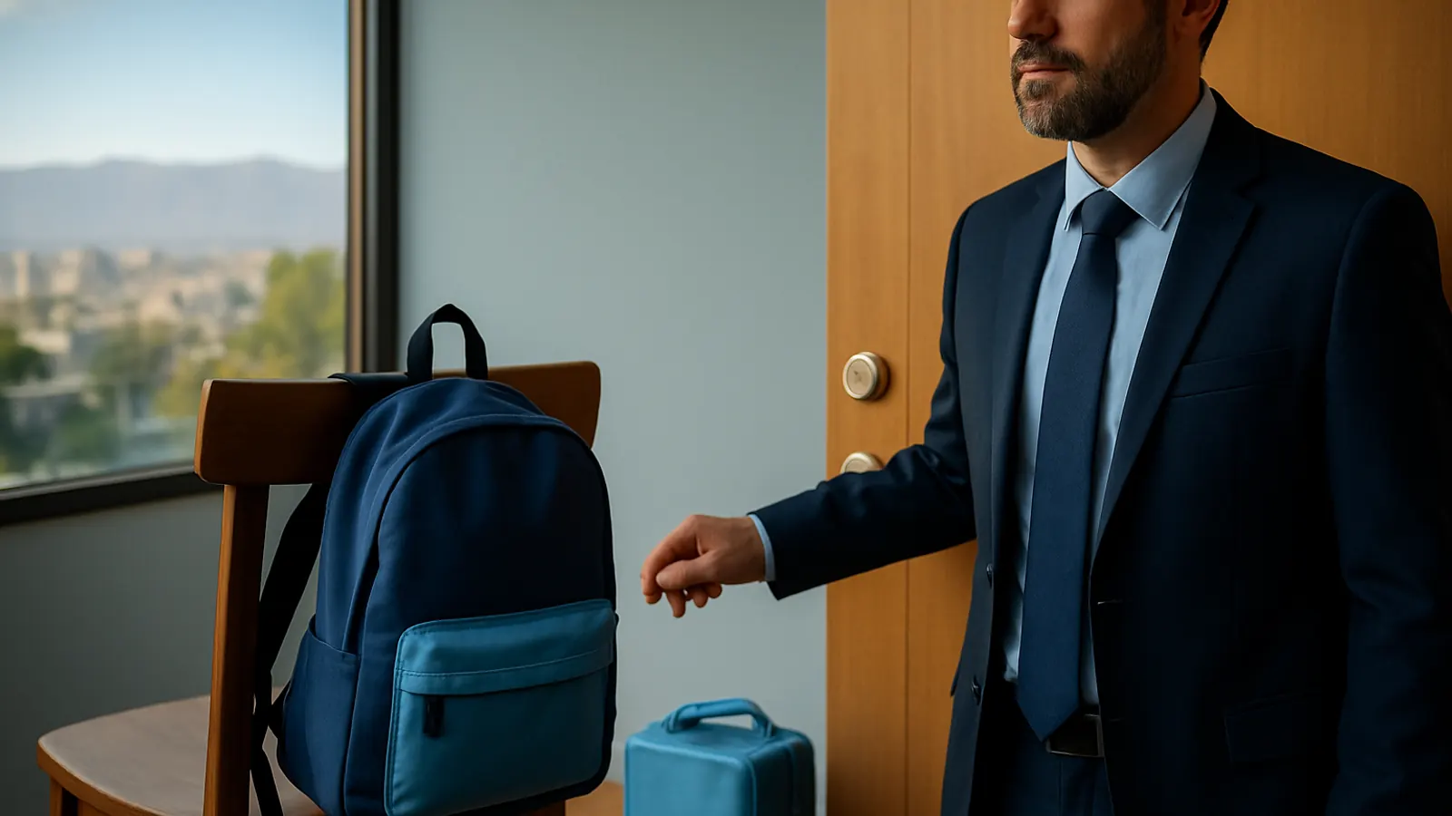 Mochila escolar, lonchera y zapatos junto a la puerta con la mano del abogado en el pomo, sobre un padre que no paga