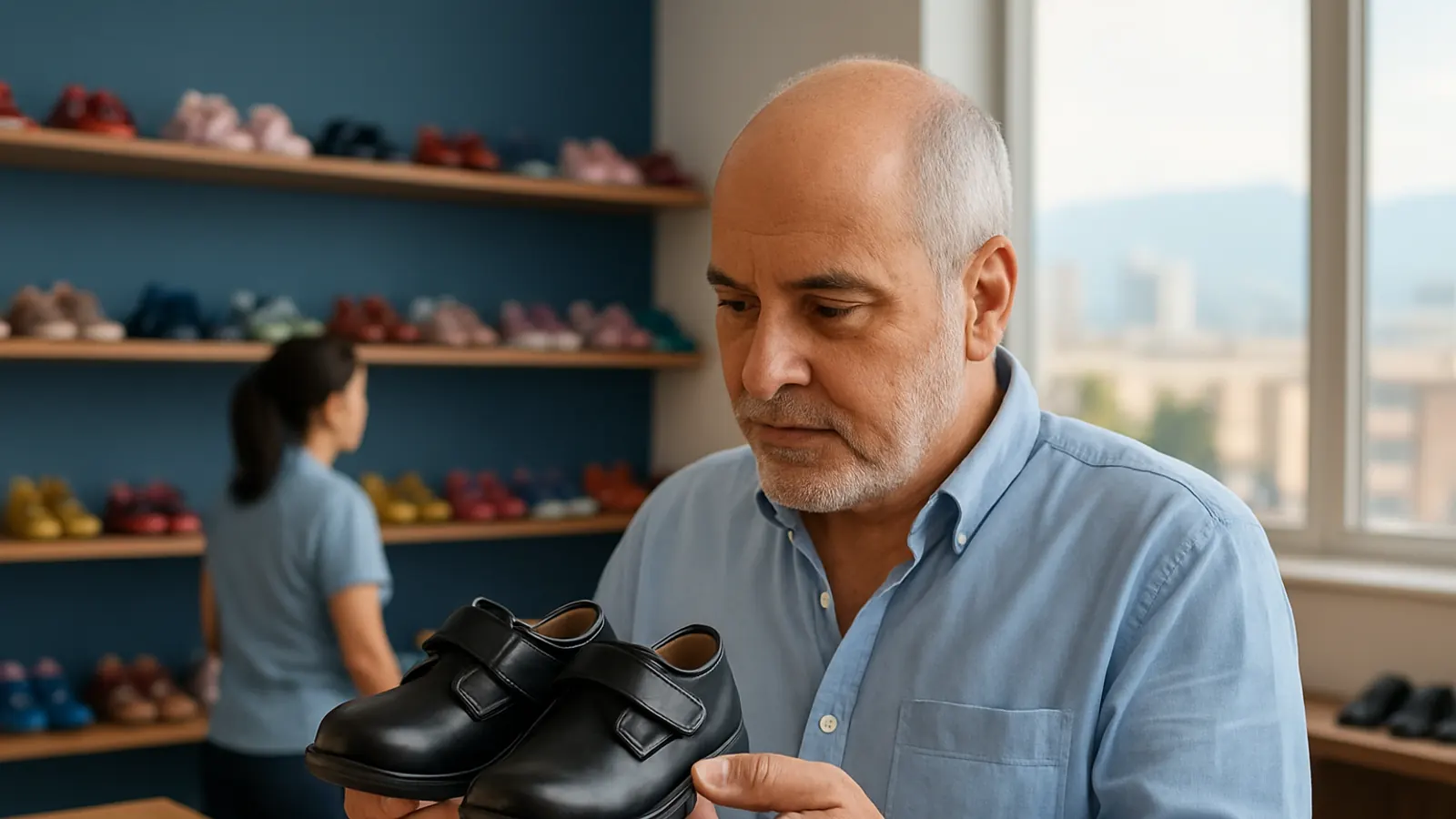 Abogado sostiene zapatos escolares pequeños en una zapatería infantil, sobre la demanda de pensión de alimentos en Santiago