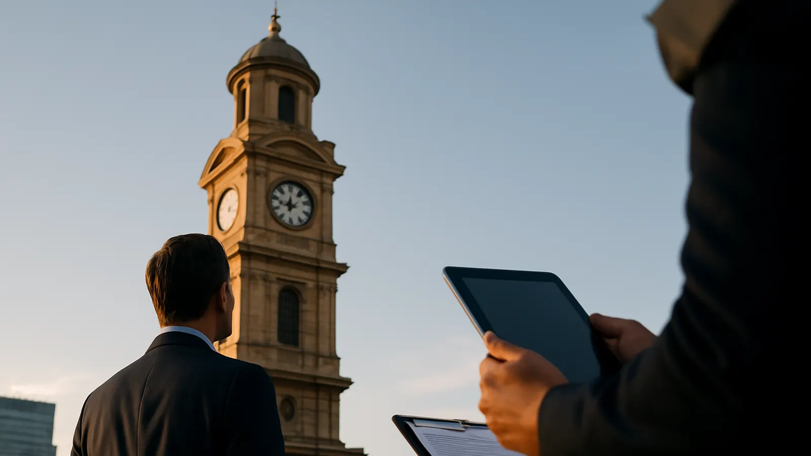 Torre con reloj del centro de Santiago y el abogado de espaldas mirando hacia arriba, sobre plazos de prescripción