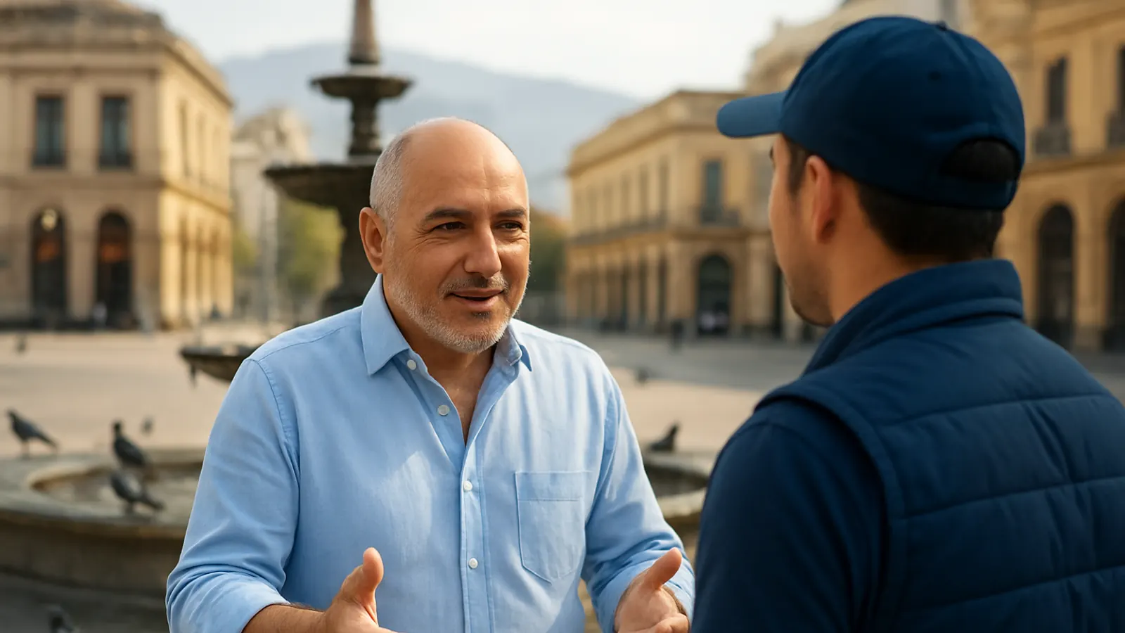 Abogado explica con gestos a un trabajador junto a una fuente de la Plaza de Armas, sobre qué es el finiquito