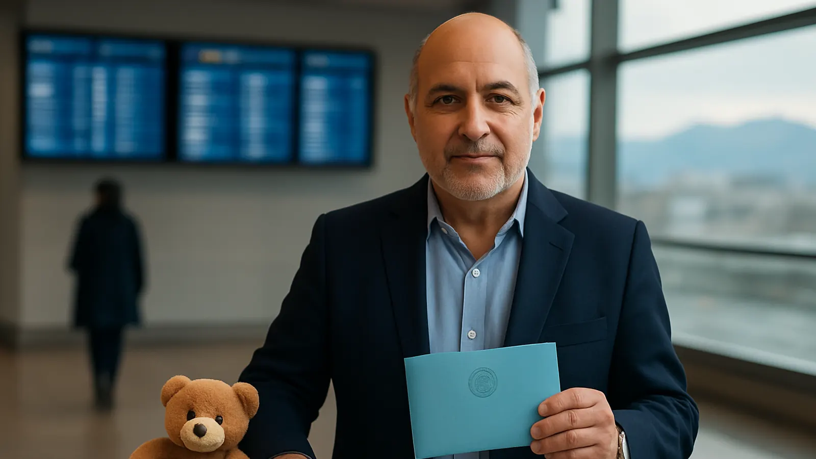 Abogado junto a una maleta infantil y un sobre de autorización en el hall de un aeropuerto, por la salida del país de menores