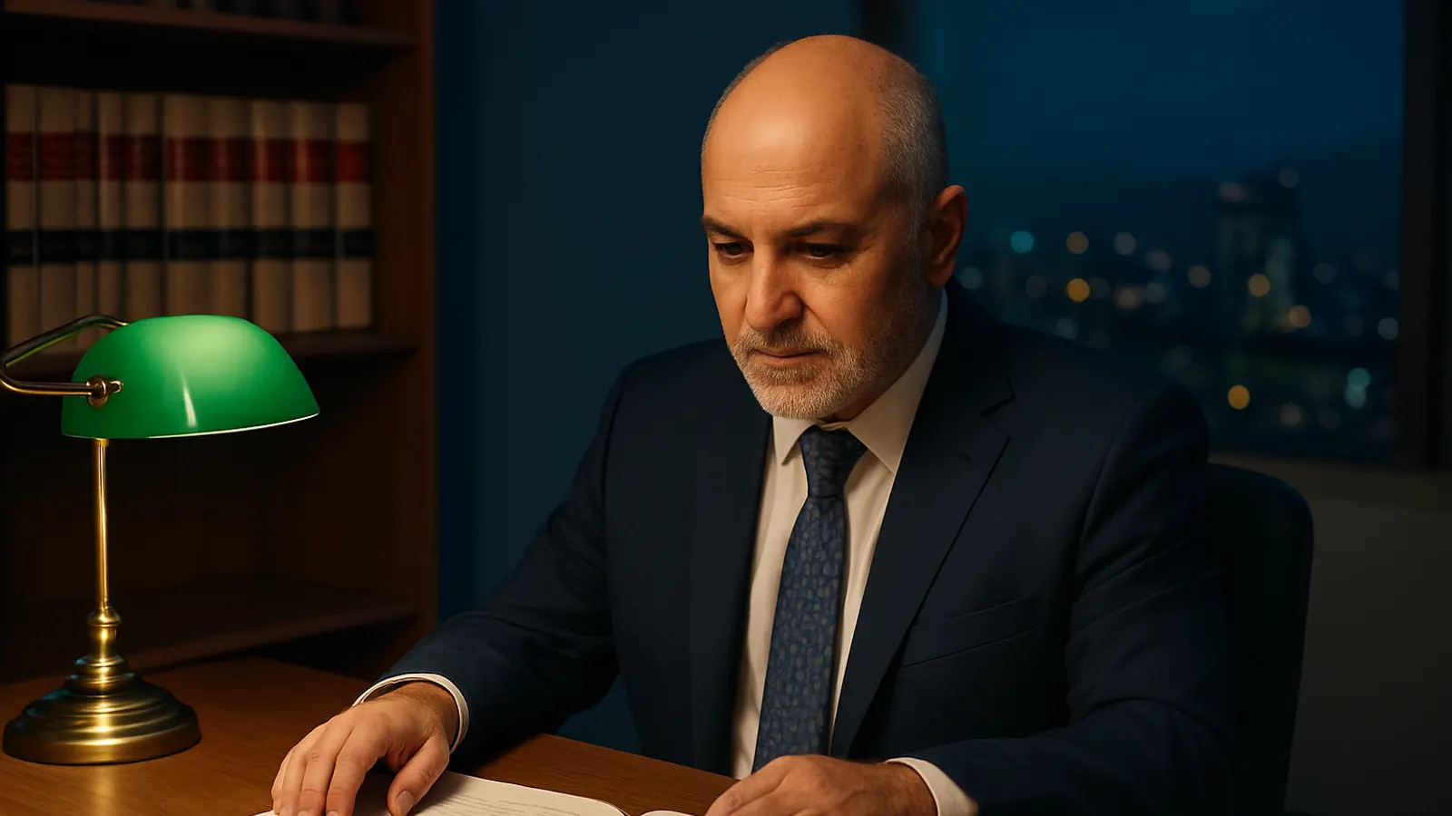 Abogado compara de noche, bajo una lámpara, un testamento desplegado con sello notarial y otro en carpeta cerrada