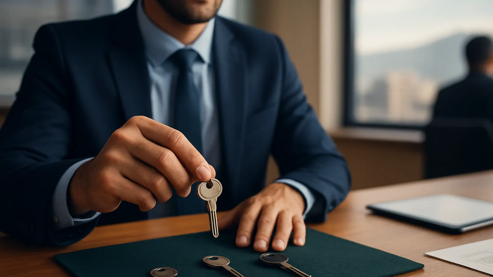Tres llaves de distinta forma y la mano del abogado levanta una, sobre los tipos de contrato de trabajo