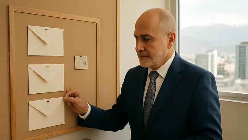 Abogado revisa en un tablero de corcho sobres de cuentas y una cédula antigua, por los trámites tras un fallecimiento